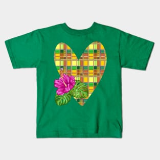 Caribbean Heart and Hibiscus Madras Tartan Fabric Kids T-Shirt